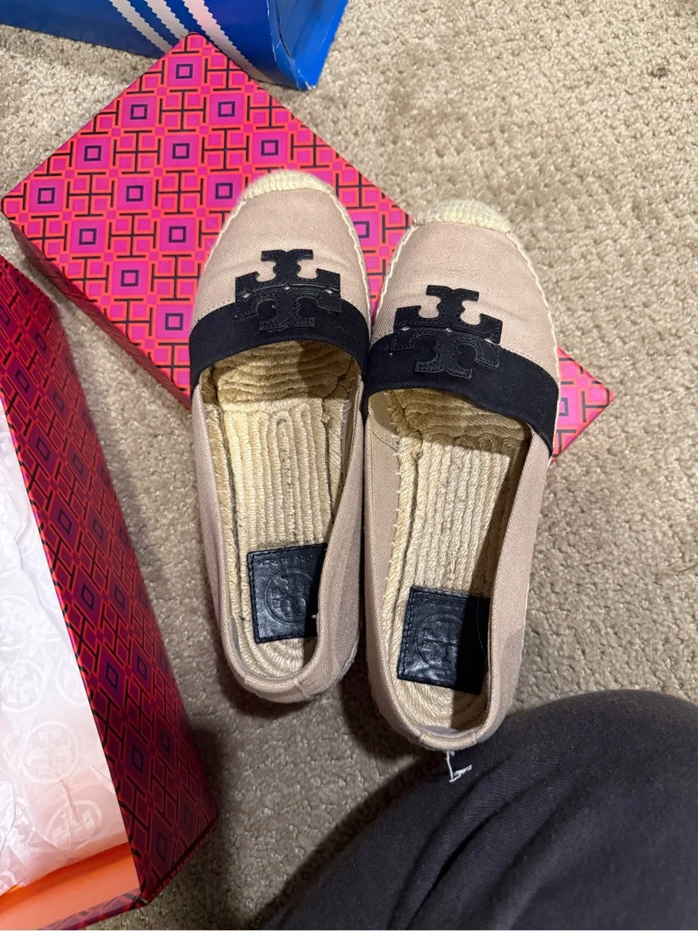 Tory Burch Beige Canvas Espadrille with Black Strap